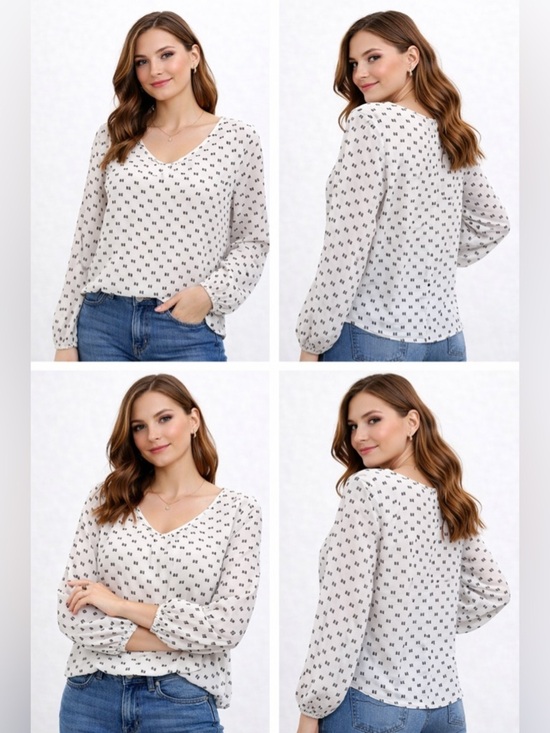 Merona Tops - Merona XL Sheer Geometric Print Blouse Cream Black Long Sleeve